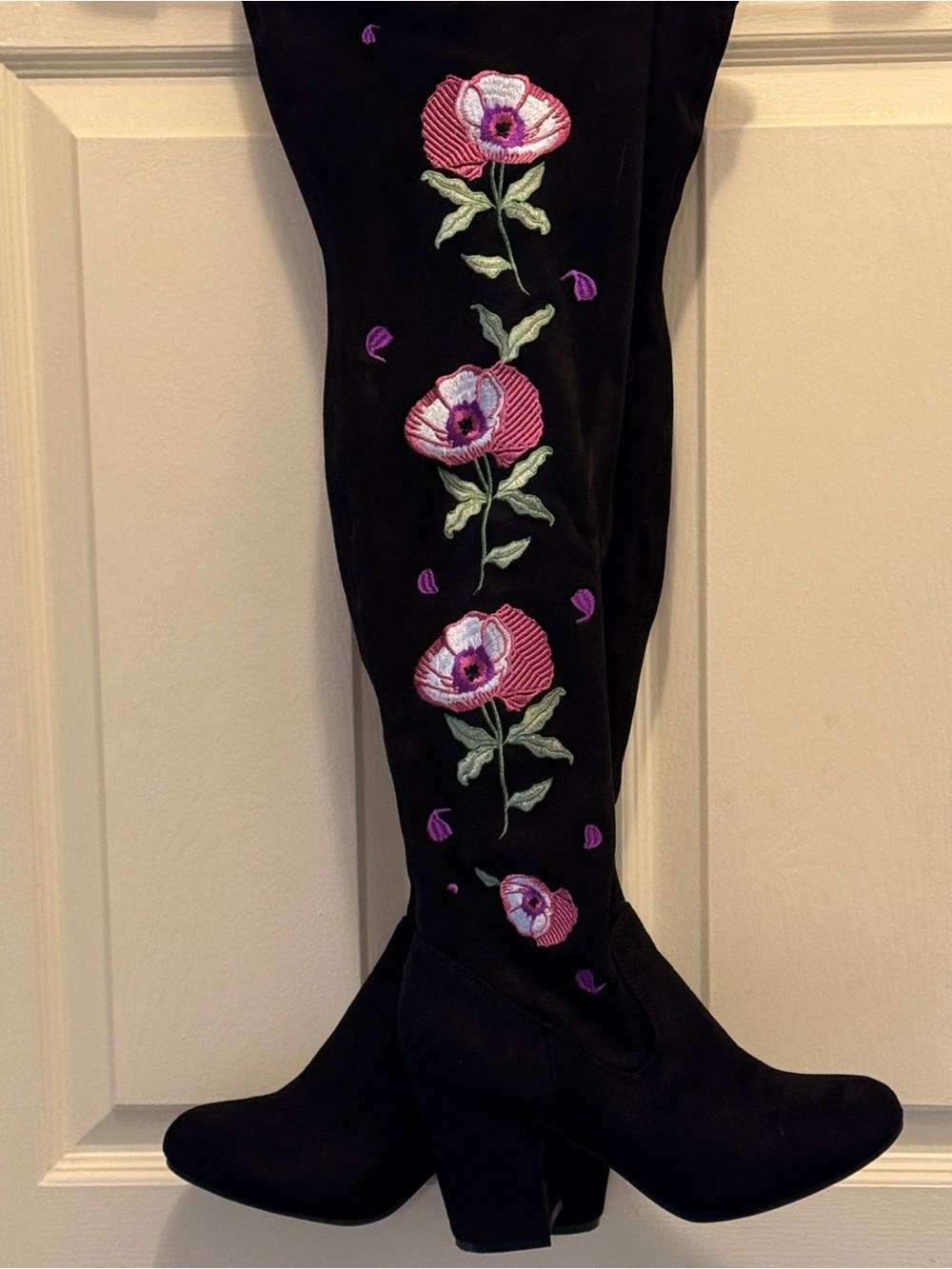 Carlos by Carlos Santana Black Over-the-Knee Boots with Pink Floral Embroidery